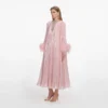 Pink Metallic Chiffon Feather Midi Dress Pink Metallic Chiffon Feather Midi Dress