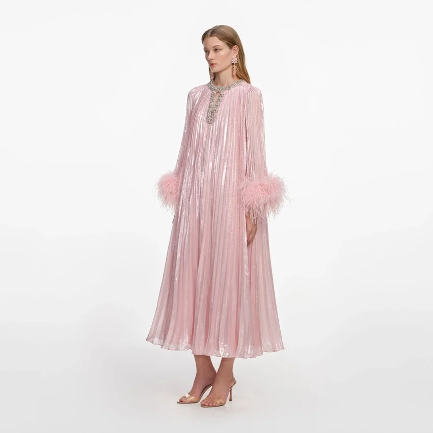 Pink Metallic Chiffon Feather Midi Dress Pink Metallic Chiffon Feather Midi Dress