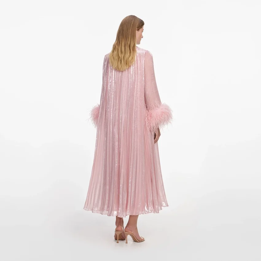 Pink Metallic Chiffon Feather Midi Dress Pink Metallic Chiffon Feather Midi Dress
