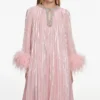 Pink Metallic Chiffon Feather Midi Dress Pink Metallic Chiffon Feather Midi Dress
