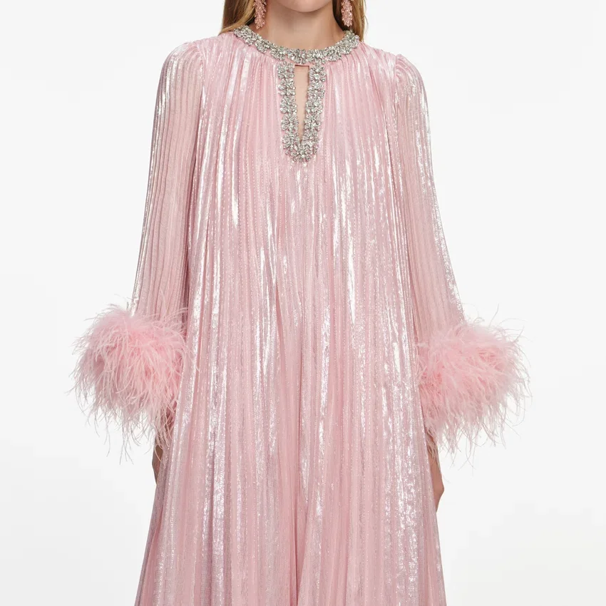 Pink Metallic Chiffon Feather Midi Dress Pink Metallic Chiffon Feather Midi Dress