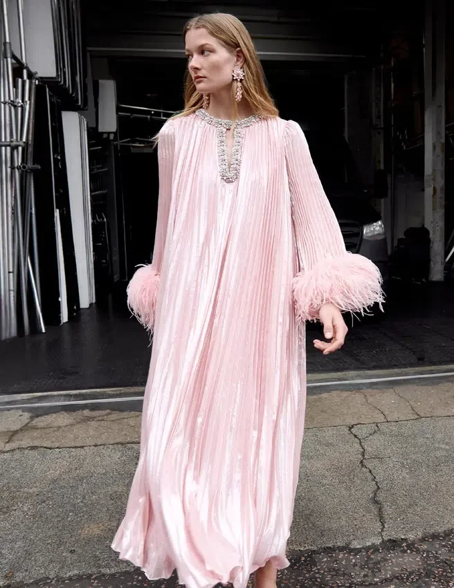 Pink Metallic Chiffon Feather Midi Dress Pink Metallic Chiffon Feather Midi Dress