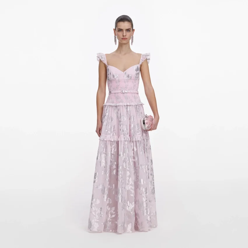 Pink Metallic Chiffon Flower Maxi Dress Pink Metallic Chiffon Flower Maxi Dress