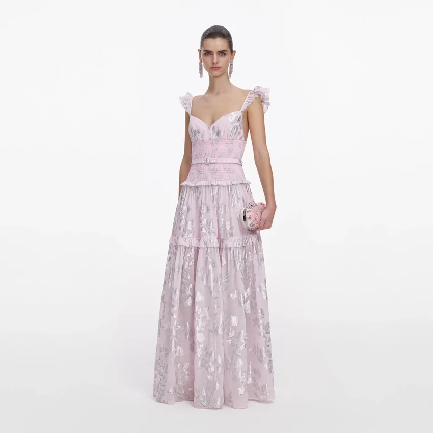 Pink Metallic Chiffon Flower Maxi Dress Pink Metallic Chiffon Flower Maxi Dress