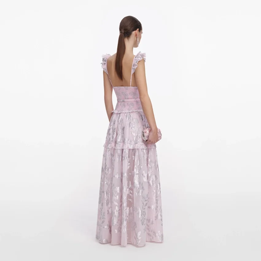 Pink Metallic Chiffon Flower Maxi Dress Pink Metallic Chiffon Flower Maxi Dress