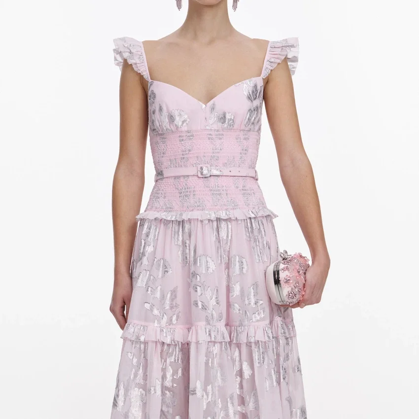 Pink Metallic Chiffon Flower Maxi Dress Pink Metallic Chiffon Flower Maxi Dress