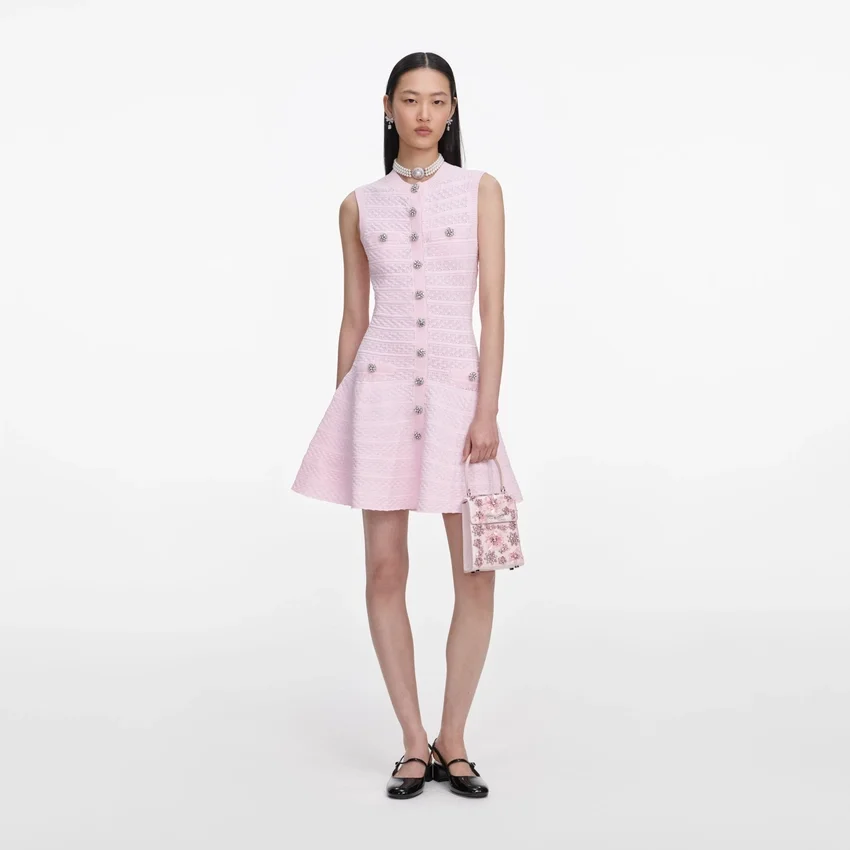 Pink Pointelle Diamante Knit Mini Dress Pink Pointelle Diamante Knit Mini Dress