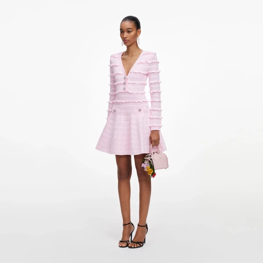 Pink Pointelle Diamante Knit Mini Dress Pink Pointelle Diamante Knit Mini Dress
