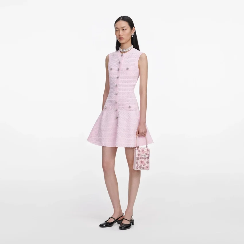 Pink Pointelle Diamante Knit Mini Dress Pink Pointelle Diamante Knit Mini Dress