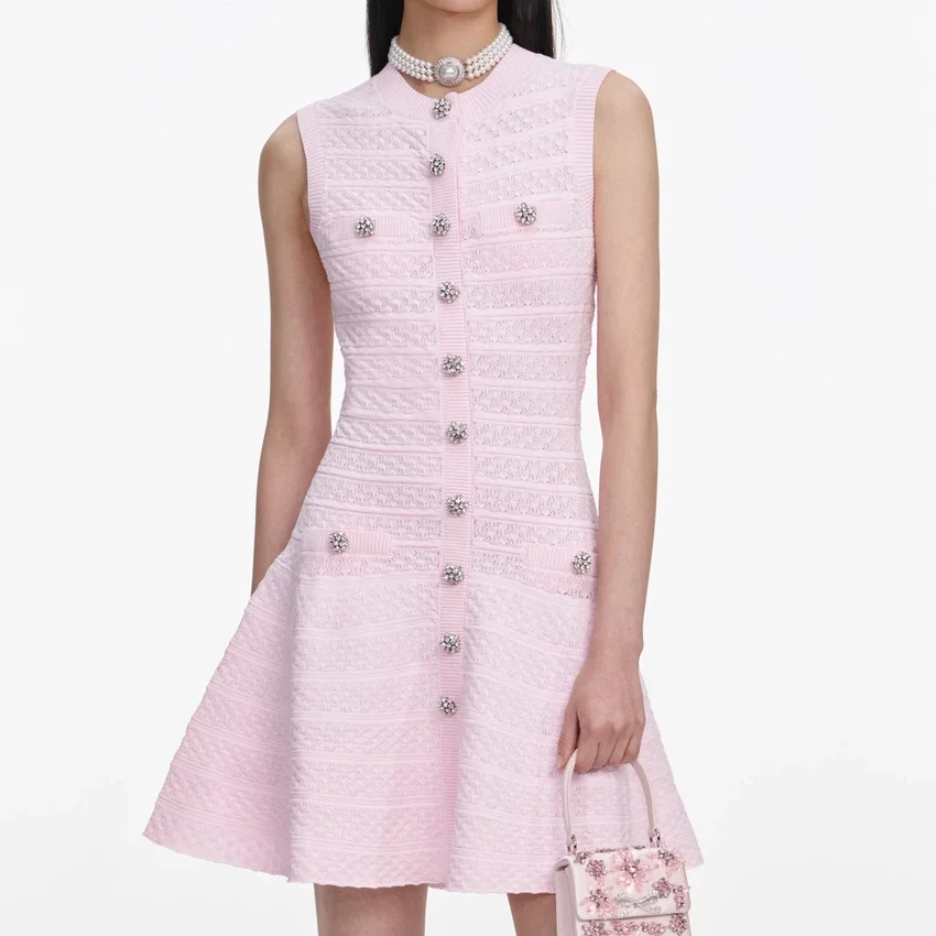 Pink Pointelle Diamante Knit Mini Dress Pink Pointelle Diamante Knit Mini Dress