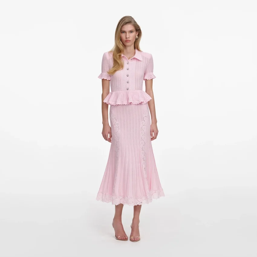 Pink Pointelle Peplum Knit Midi Dress Pink Pointelle Peplum Knit Midi Dress
