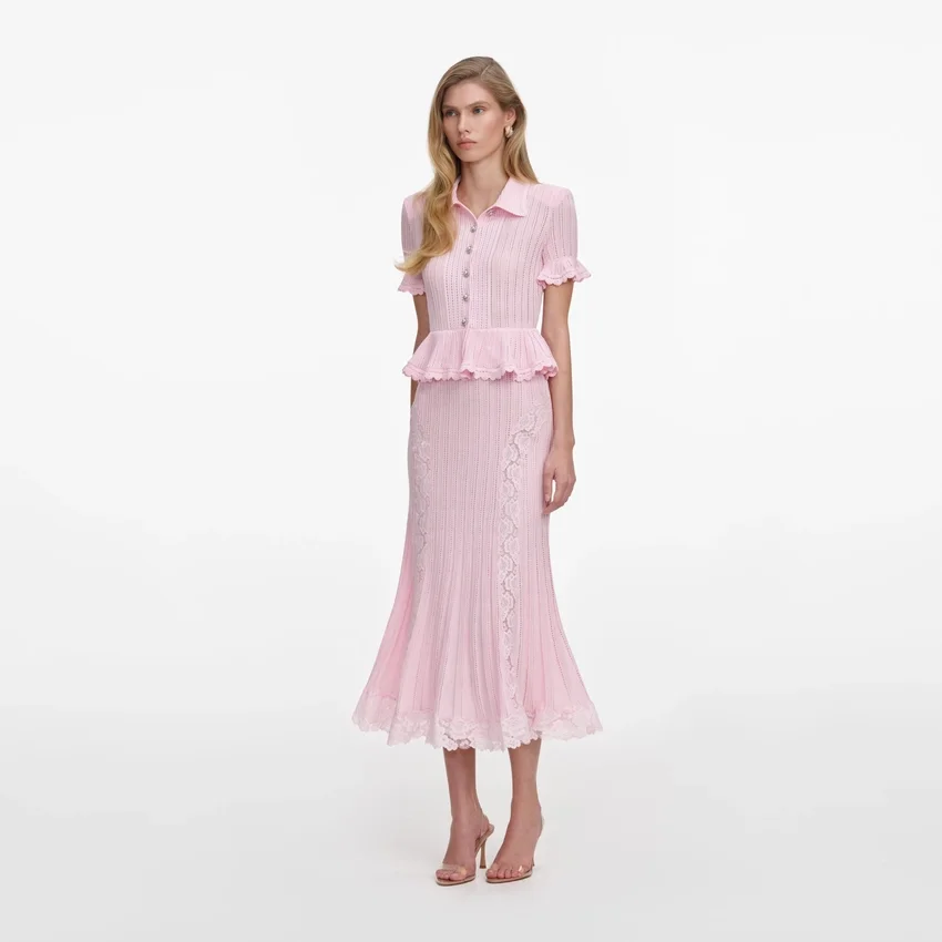Pink Pointelle Peplum Knit Midi Dress Pink Pointelle Peplum Knit Midi Dress