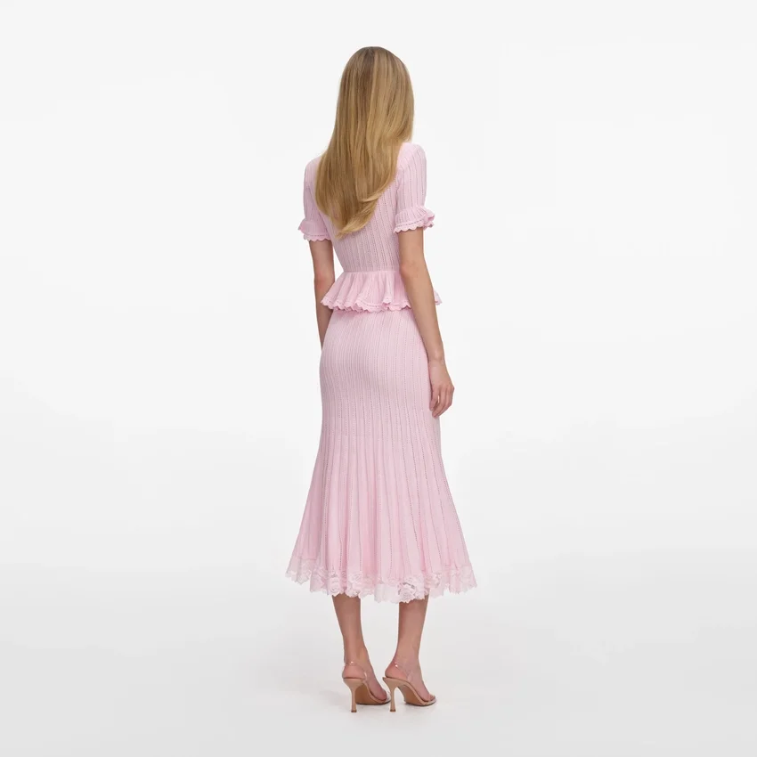 Pink Pointelle Peplum Knit Midi Dress Pink Pointelle Peplum Knit Midi Dress
