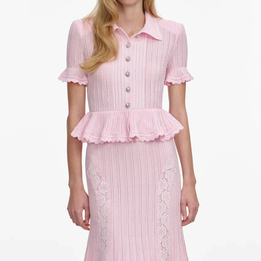 Pink Pointelle Peplum Knit Midi Dress Pink Pointelle Peplum Knit Midi Dress