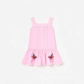 Pink Ramie Flower Embroidered Dress