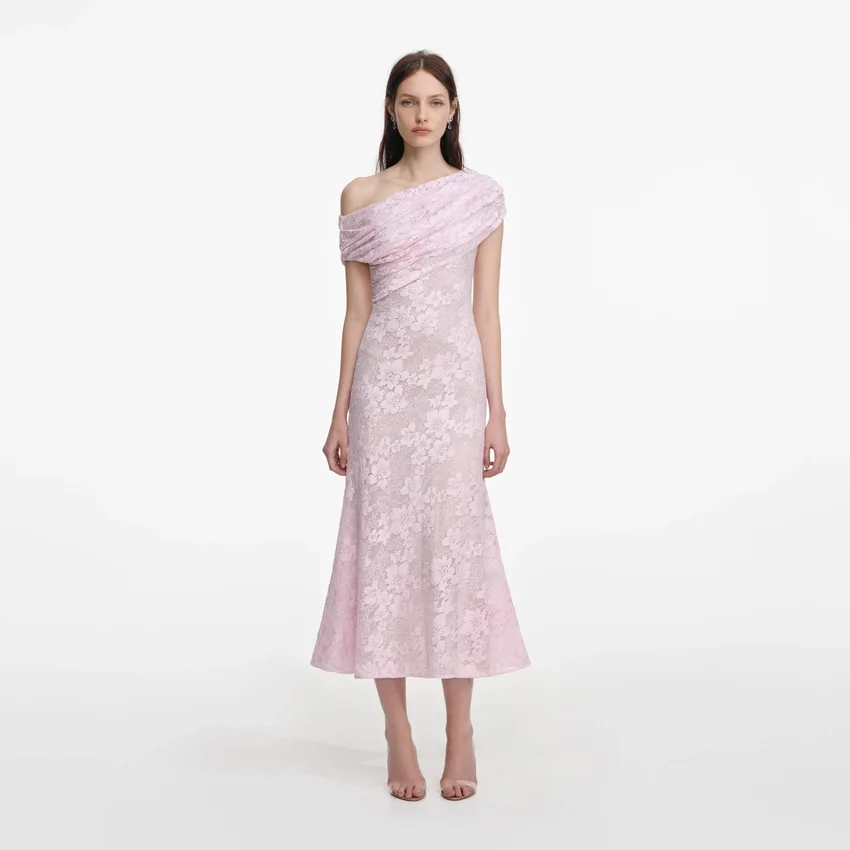 Pink Rhinestone Lace Asymmetric Midi Dress Pink Rhinestone Lace Asymmetric Midi Dress