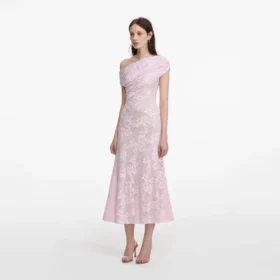 Pink Rhinestone Lace Asymmetric Midi Dress