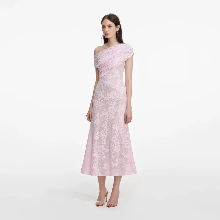 Pink Rhinestone Lace Asymmetric Midi Dress Pink Rhinestone Lace Asymmetric Midi Dress