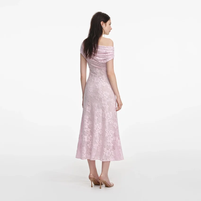 Pink Rhinestone Lace Asymmetric Midi Dress Pink Rhinestone Lace Asymmetric Midi Dress