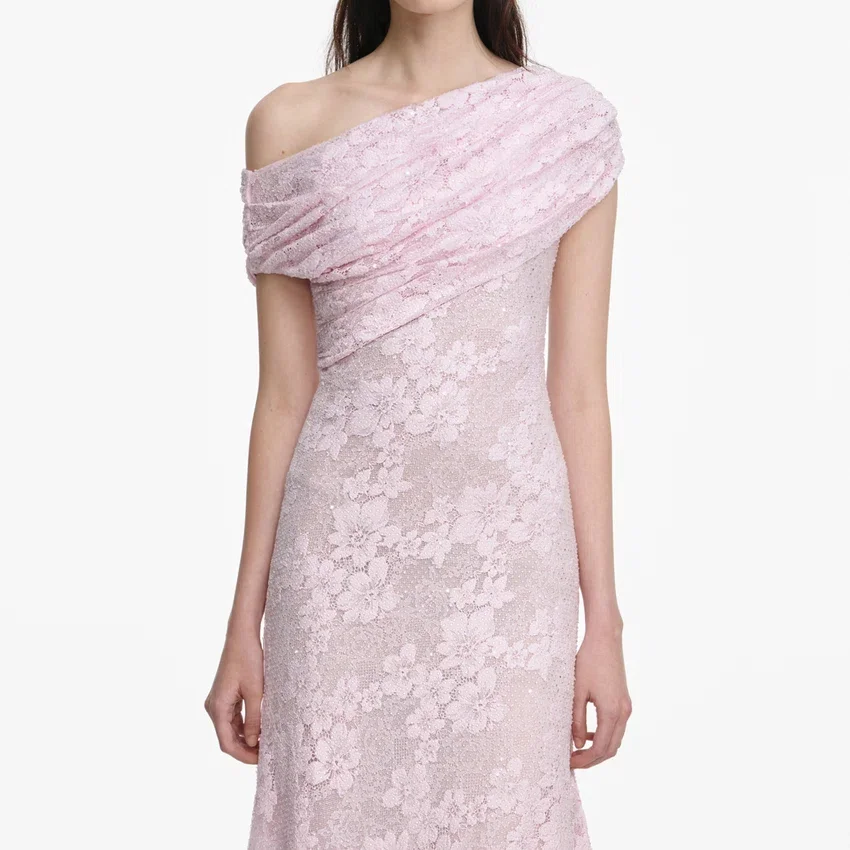 Pink Rhinestone Lace Asymmetric Midi Dress Pink Rhinestone Lace Asymmetric Midi Dress