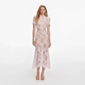 Pink Rhinestone Lace Midi Dress