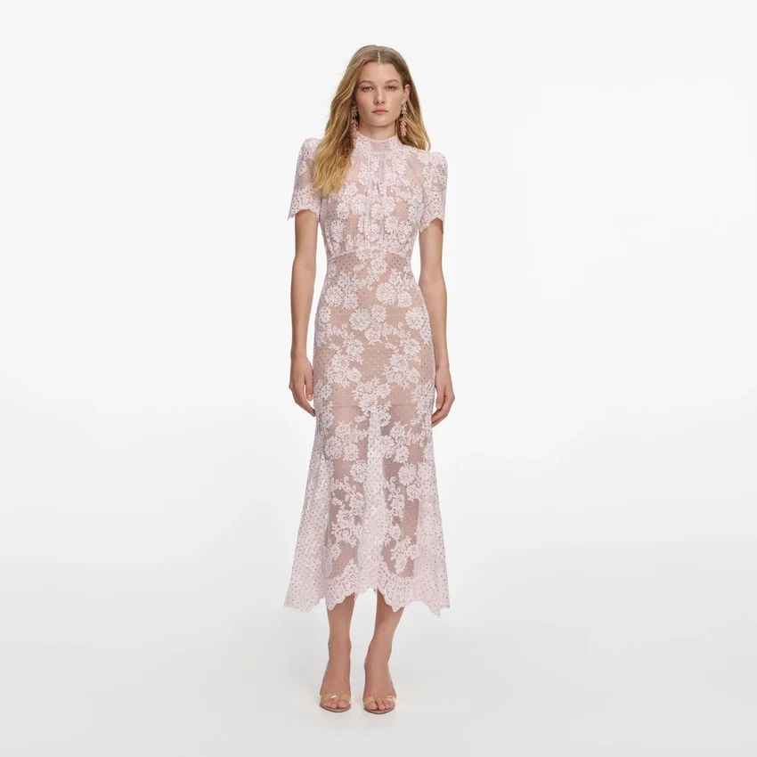Pink Rhinestone Lace Midi Dress Pink Rhinestone Lace Midi Dress