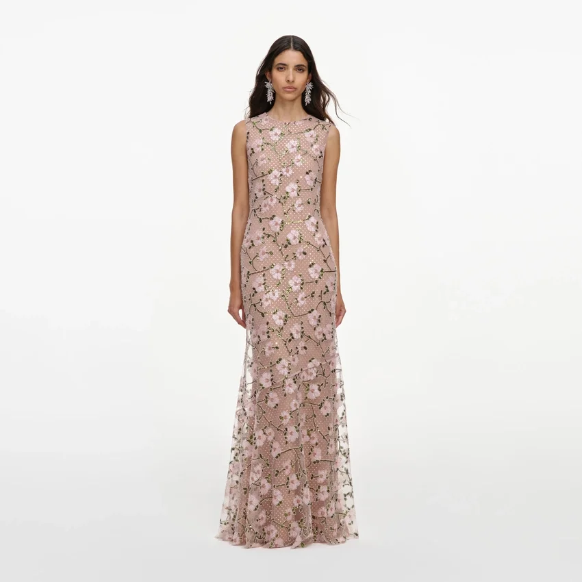 Pink Rhinestone Sequin Mesh Maxi Dress Pink Rhinestone Sequin Mesh Maxi Dress