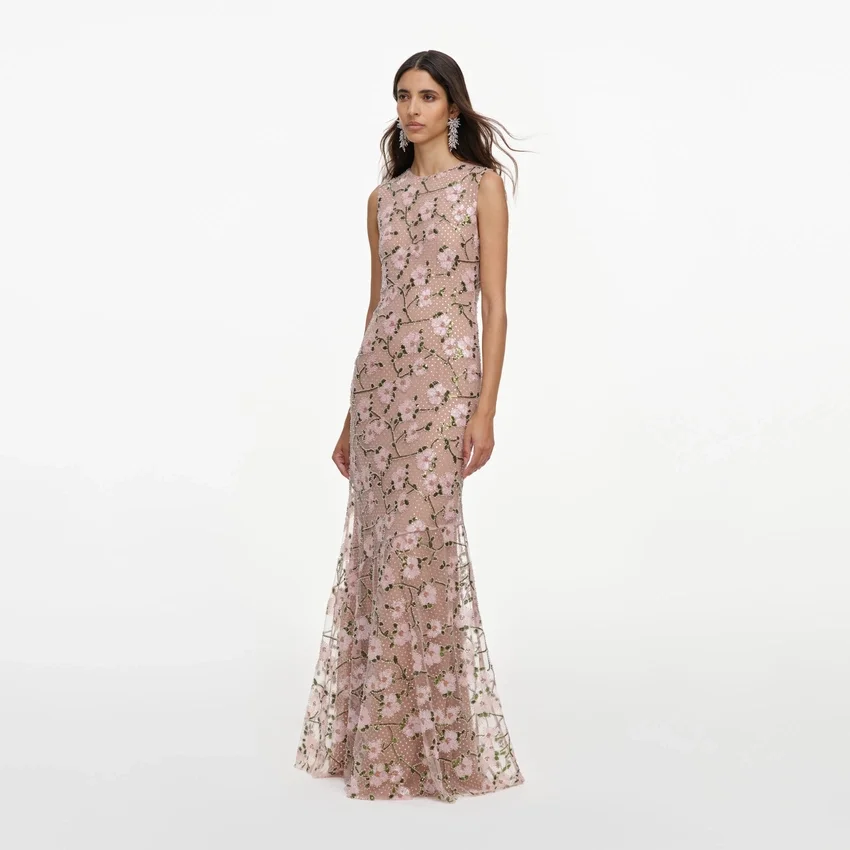 Pink Rhinestone Sequin Mesh Maxi Dress Pink Rhinestone Sequin Mesh Maxi Dress