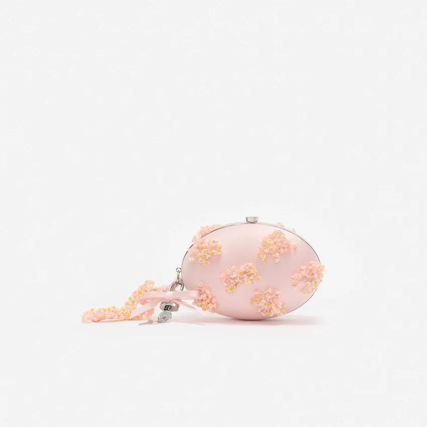 Pink Satin Floral Beaded Oval Clutch Pink Satin Floral Beaded Oval Clutch