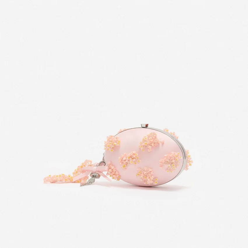 Pink Satin Floral Beaded Oval Clutch Pink Satin Floral Beaded Oval Clutch