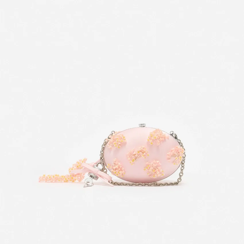 Pink Satin Floral Beaded Oval Clutch Pink Satin Floral Beaded Oval Clutch