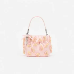 Pink Satin Floral Beaded Tote Bag