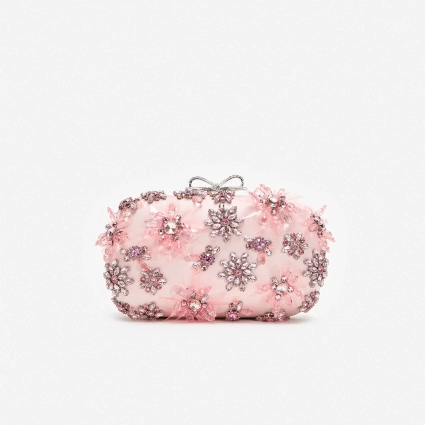 Pink Satin Floral Crystal Clutch Pink Satin Floral Crystal Clutch