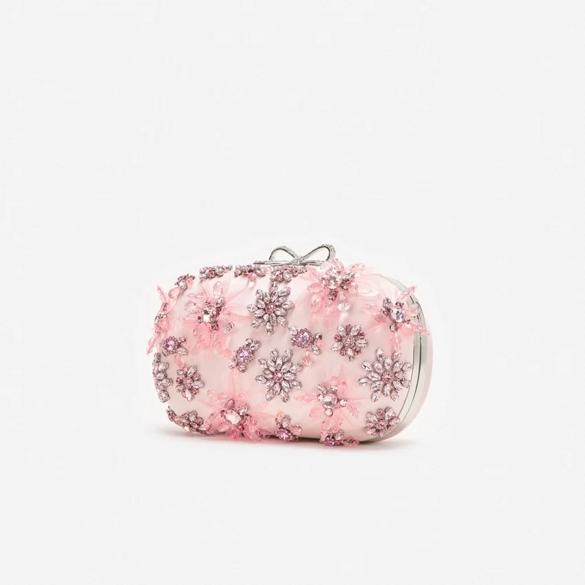 Pink Satin Floral Crystal Clutch Pink Satin Floral Crystal Clutch