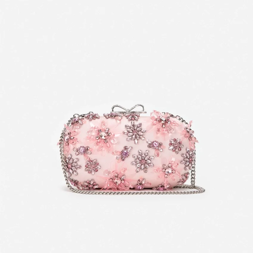 Pink Satin Floral Crystal Clutch Pink Satin Floral Crystal Clutch
