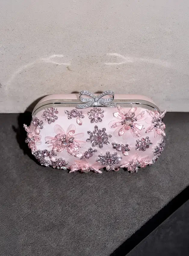 Pink Satin Floral Crystal Clutch Pink Satin Floral Crystal Clutch