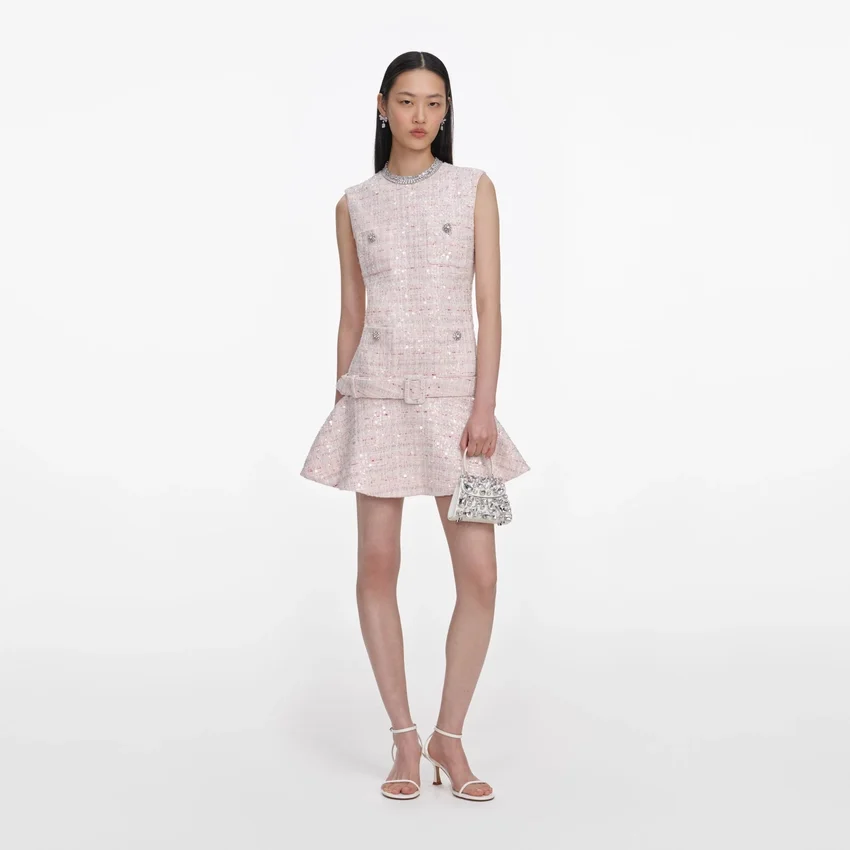 Pink Sequin Boucle Belted Mini Dress Pink Sequin Boucle Belted Mini Dress