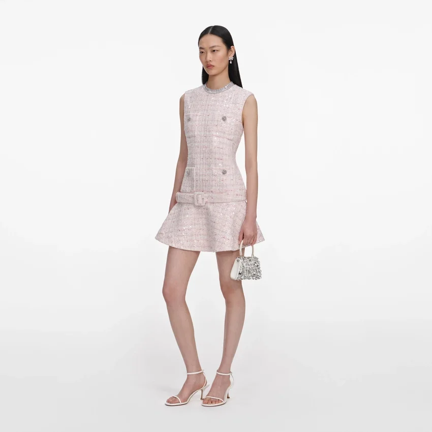 Pink Sequin Boucle Belted Mini Dress Pink Sequin Boucle Belted Mini Dress