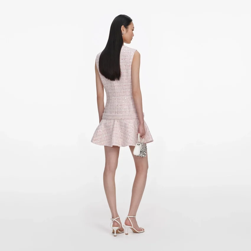 Pink Sequin Boucle Belted Mini Dress Pink Sequin Boucle Belted Mini Dress