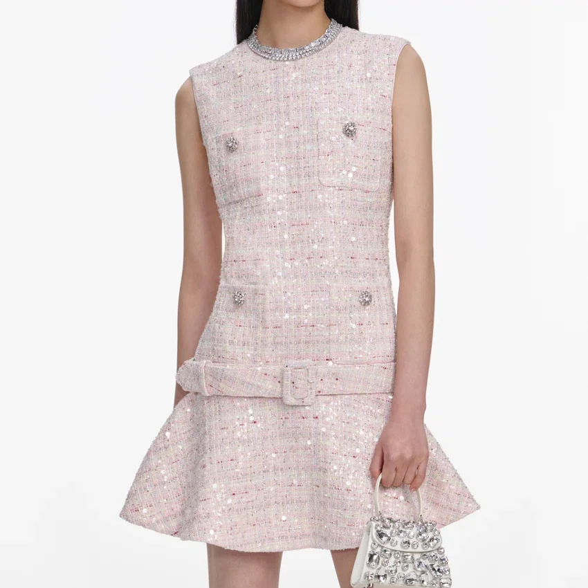 Pink Sequin Boucle Belted Mini Dress Pink Sequin Boucle Belted Mini Dress