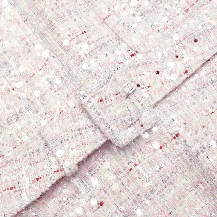 Pink Sequin Boucle Belted Mini Dress Pink Sequin Boucle Belted Mini Dress
