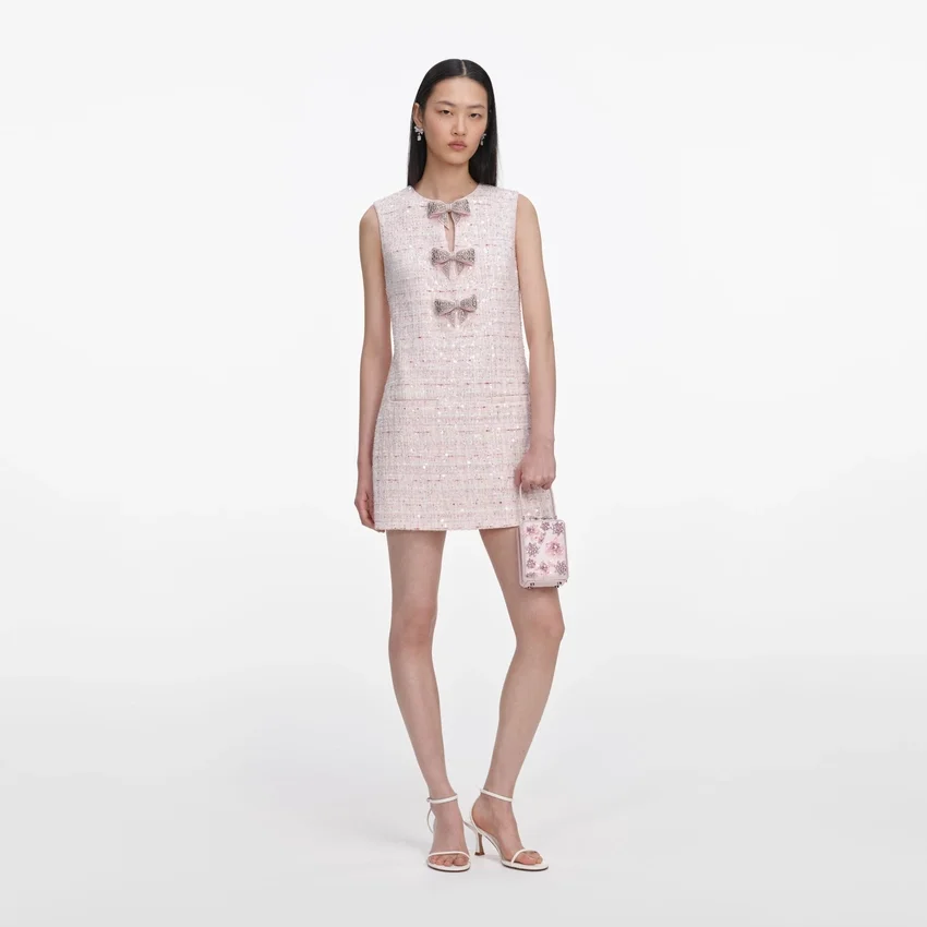 Pink Sequin Boucle Bow Mini Dress Pink Sequin Boucle Bow Mini Dress