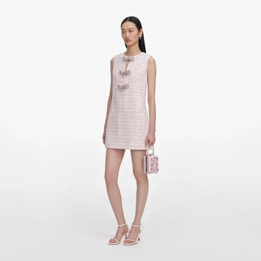 Pink Sequin Boucle Bow Mini Dress Pink Sequin Boucle Bow Mini Dress