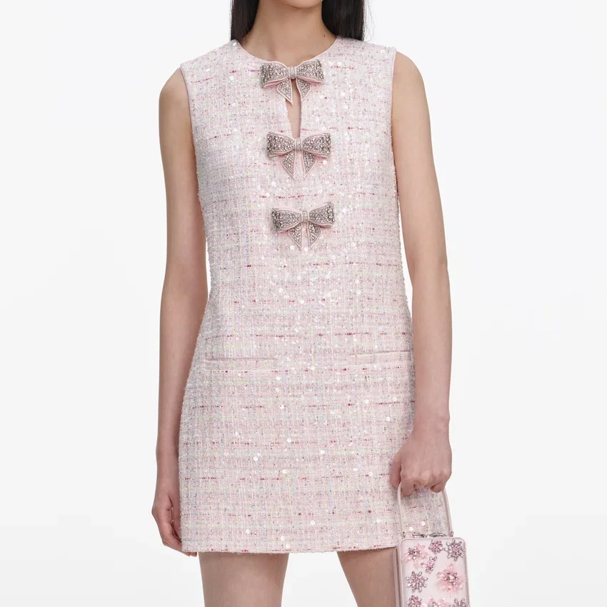 Pink Sequin Boucle Bow Mini Dress Pink Sequin Boucle Bow Mini Dress