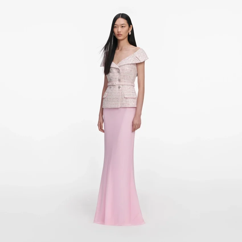 Pink Sequin Boucle Maxi Dress Pink Sequin Boucle Maxi Dress