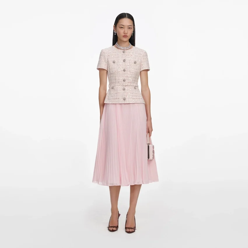 Pink Sequin Boucle Tailored Midi Dress Pink Sequin Boucle Tailored Midi Dress
