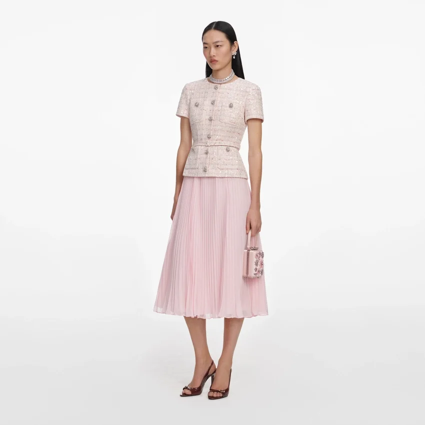 Pink Sequin Boucle Tailored Midi Dress Pink Sequin Boucle Tailored Midi Dress