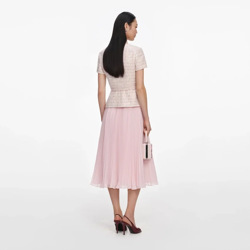 Pink Sequin Boucle Tailored Midi Dress Pink Sequin Boucle Tailored Midi Dress