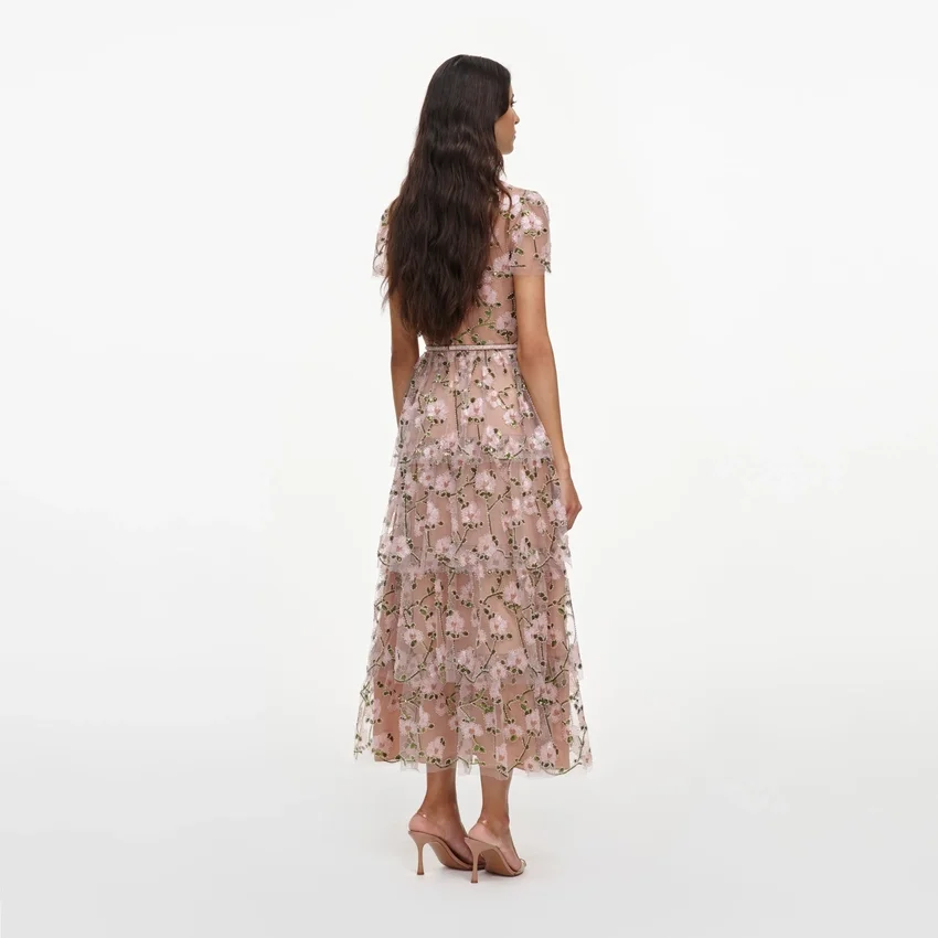 Pink Sequin Embellished Tiered Midi Dress Pink Sequin Embellished Tiered Midi Dress