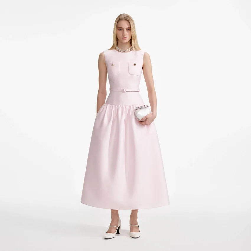 Pink Taffeta Belted Midi Dress Pink Taffeta Belted Midi Dress